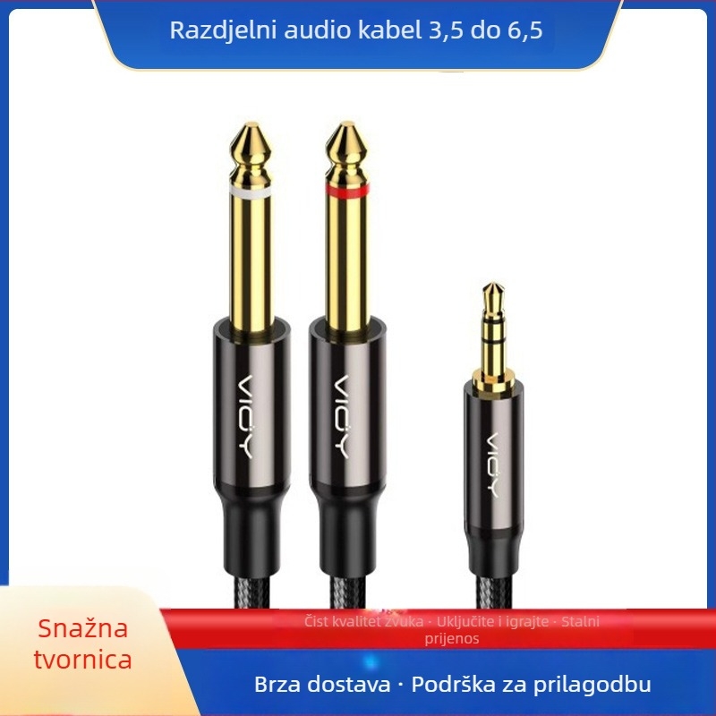 YHT audio Y-razdjelni kabel 3,5 mm na 6,5 mm, priključci 1/4" i 1/8" — za pojačalo, slušalice, zvučnu karticu, DVD, mikser