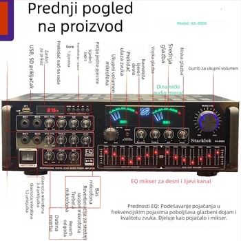 Starklok KA8900 Četverokanalno kućno karaoke pojačalo s četverostupanjskim EQ, 1000W, 4–16 Ω, 20–20 kHz