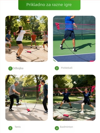 Rama mreže za badminton – prijenosna, sklopiva, brzo otvaranje; poliester konstrukcija; pogodna za badminton i tenis, kućnu i vanjsku upotrebu.