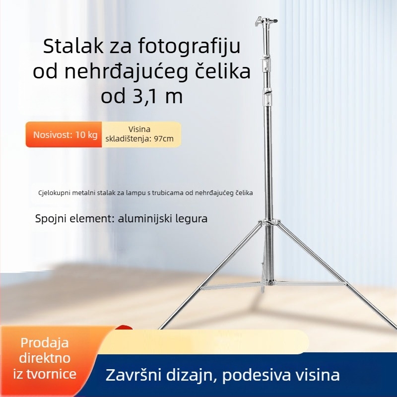 Stalak za rasvjetu od nehrđajućeg čelika za živu fotografiju – nosivost 10 kg, promjer cijevi 25/30/35 mm, 3 odjeljka, težina 2,35 kg