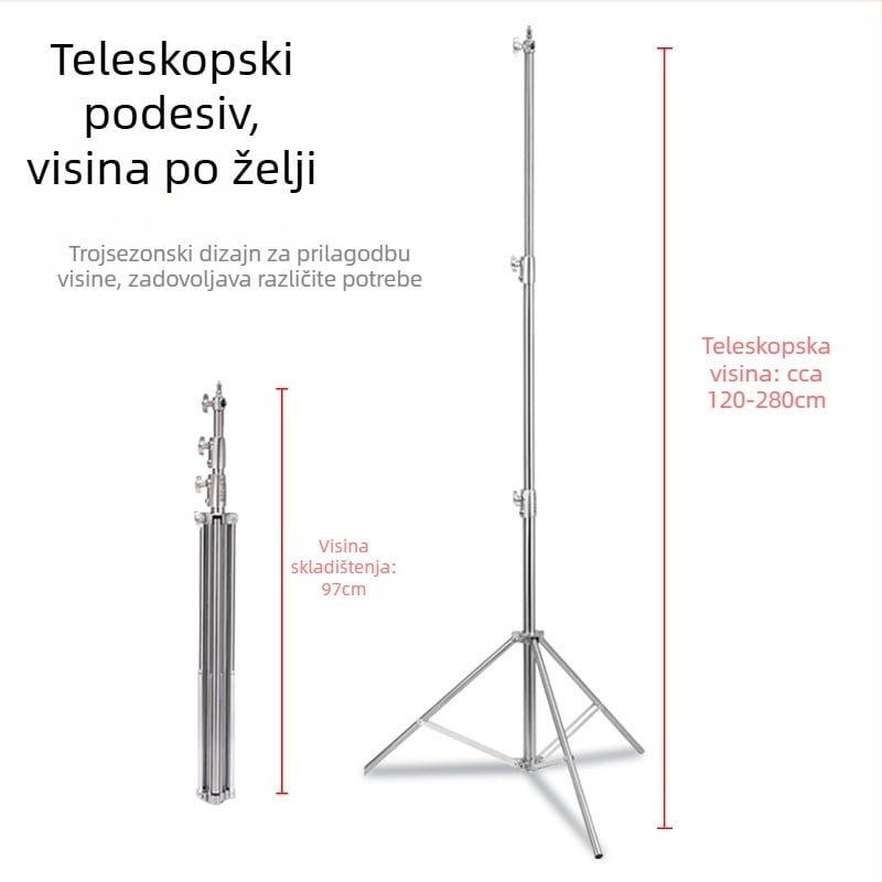 Stalak za rasvjetu od nehrđajućeg čelika za živu fotografiju – nosivost 10 kg, promjer cijevi 25/30/35 mm, 3 odjeljka, težina 2,35 kg