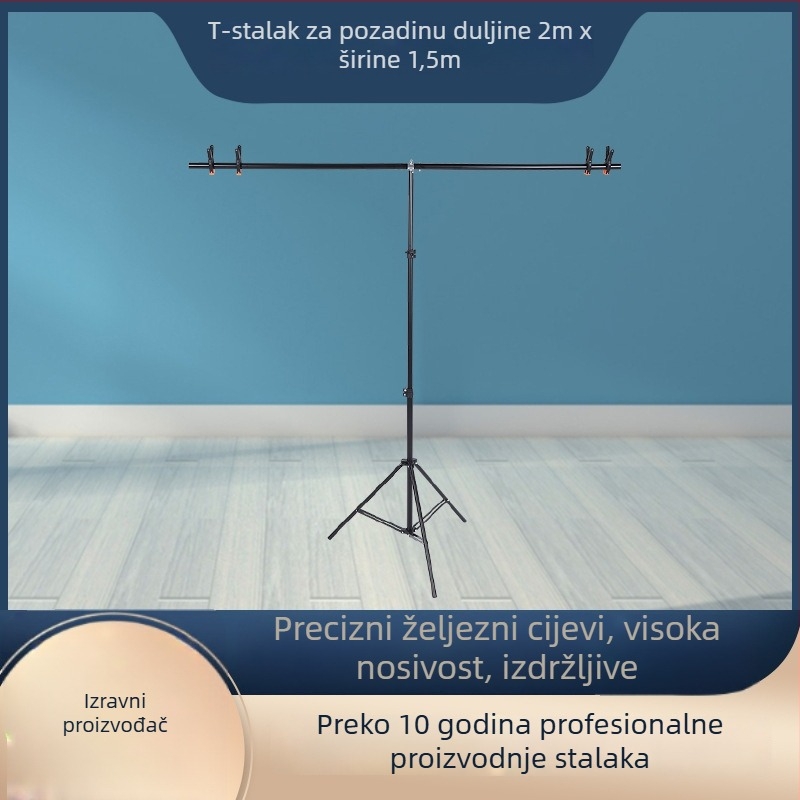 T-stilni pozadinski stalak za studijo – pozadinska stativa za identifikacijske fotografije i prijenos uživo; Materijal: željezo-aluminij spoj; Težina: 1,3 kg; Pakiranje: 10 komada; Marke: Hongming