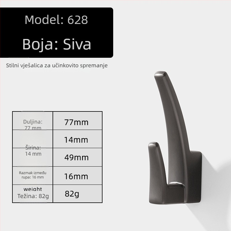 Vješalica za odjeću od cinkove legure, model 627, elektroplatirani završni sloj, moderni minimalistički stil, namijenjena ormarima i ručkama vrata