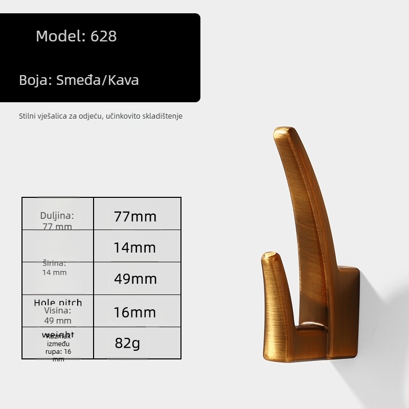 Vješalica za odjeću od cinkove legure, model 627, elektroplatirani završni sloj, moderni minimalistički stil, namijenjena ormarima i ručkama vrata