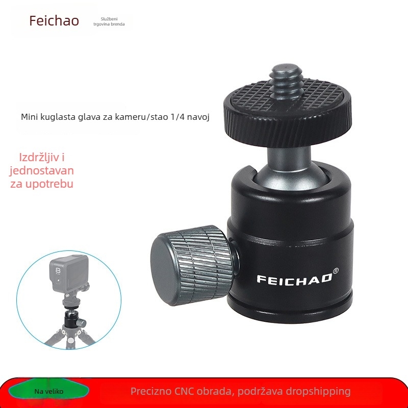 Feichao Mini pan-tilt kuglasta glava stativa za DSLR i sportske kamere, aluminijska zlitina, 360° rotacija, nosivost 2–5 kg, težina 0,046 kg