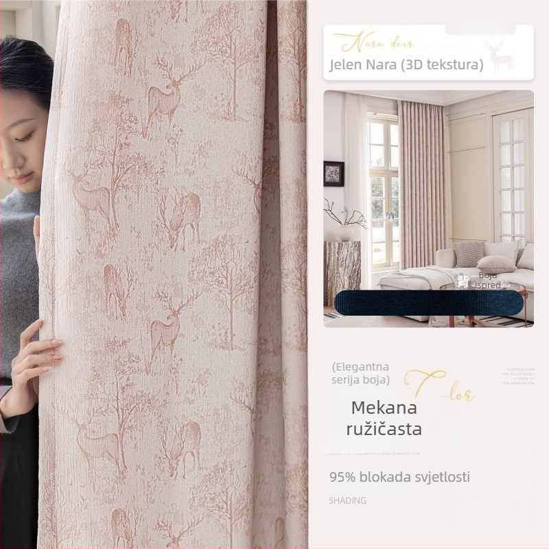 Jacquard Chenille zavjesa - Potpuna zatamnjenja 90–100% - Amerikanski stil, Model 322 Nara Deer (Materijal: Chenille; Izrada: Žakard; Zatamnjenje: 90–100%; Prostori: Dnevni boravak, Spavaća soba, Radna soba, Blagovaonica)