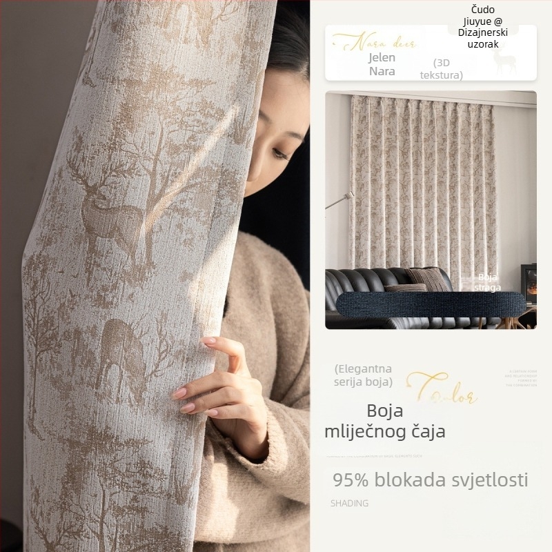 Jacquard Chenille zavjesa - Potpuna zatamnjenja 90–100% - Amerikanski stil, Model 322 Nara Deer (Materijal: Chenille; Izrada: Žakard; Zatamnjenje: 90–100%; Prostori: Dnevni boravak, Spavaća soba, Radna soba, Blagovaonica)