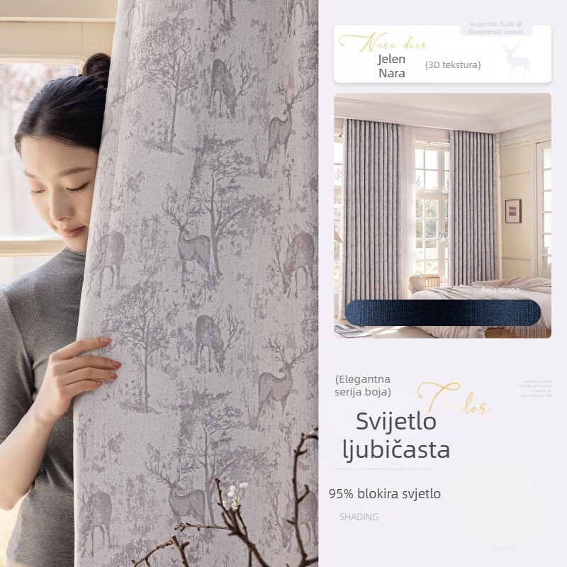 Jacquard Chenille zavjesa - Potpuna zatamnjenja 90–100% - Amerikanski stil, Model 322 Nara Deer (Materijal: Chenille; Izrada: Žakard; Zatamnjenje: 90–100%; Prostori: Dnevni boravak, Spavaća soba, Radna soba, Blagovaonica)