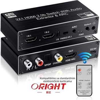 HDMI 2x1 prekidač s ARC audio odjeljivanjem, 4K120Hz, HDMI2 ulaz/1 izlaz