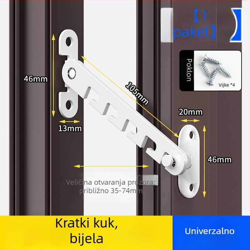 Dječji sigurnosni brava za prozore – bez bušenja, otporan na vjetar, ograničivač otvaranja unutarnje/vanjjske strane s kukom i kopčom – univerzalni model