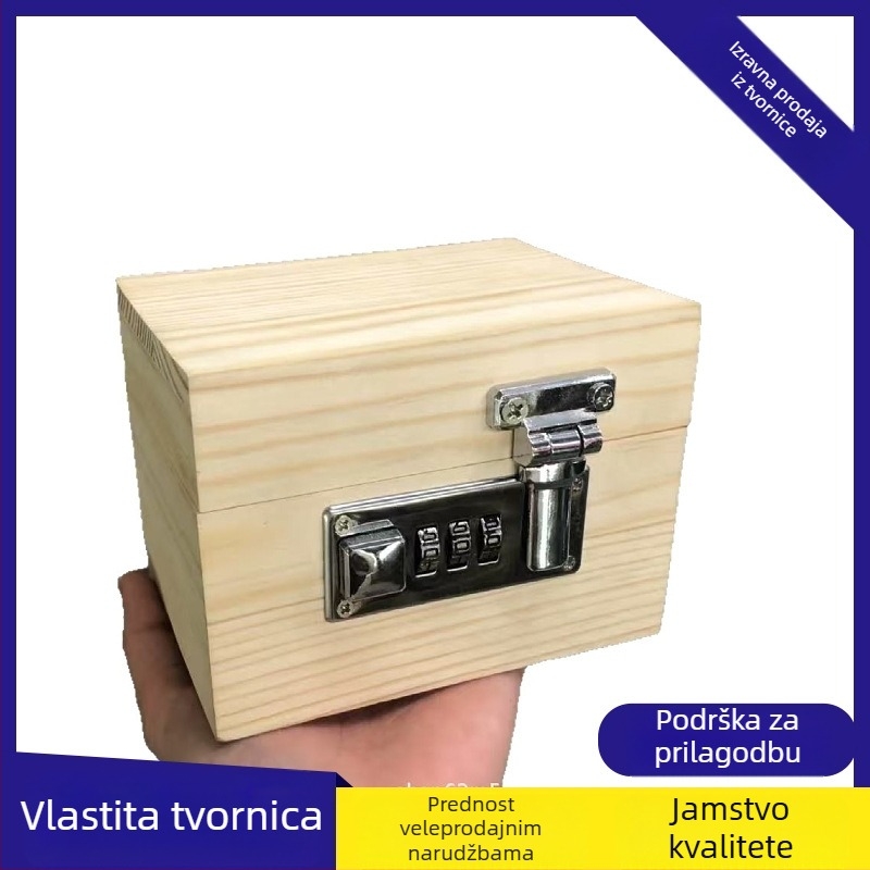 Drvena stolna kutija za pohranu s poklopcem i šifrom, masivno drvo, kapacitet 18 L