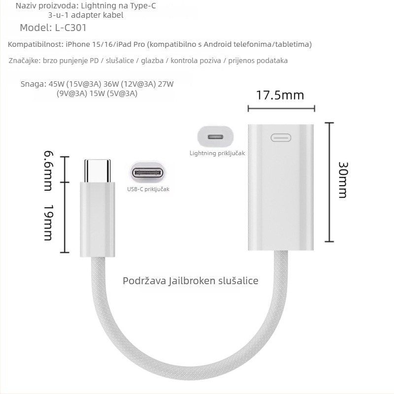 Kabel Type-C na Lightning – 45W brzo punjenje, prijenos podataka, kompatibilan s Apple uređajima (iPhone, iPad)