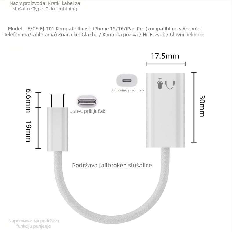 Kabel Type-C na Lightning – 45W brzo punjenje, prijenos podataka, kompatibilan s Apple uređajima (iPhone, iPad)