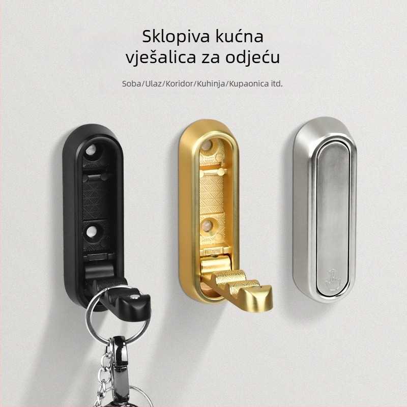 Zidni sklopivi držač za odjeću – bez bušenja (Model: Zidni sklopivi držač; Materijal: cinkova aluminijska legura; Upotreba: spavaća soba, hodnik, kuhinja, kupaonica; Stil: moderni minimalistički)