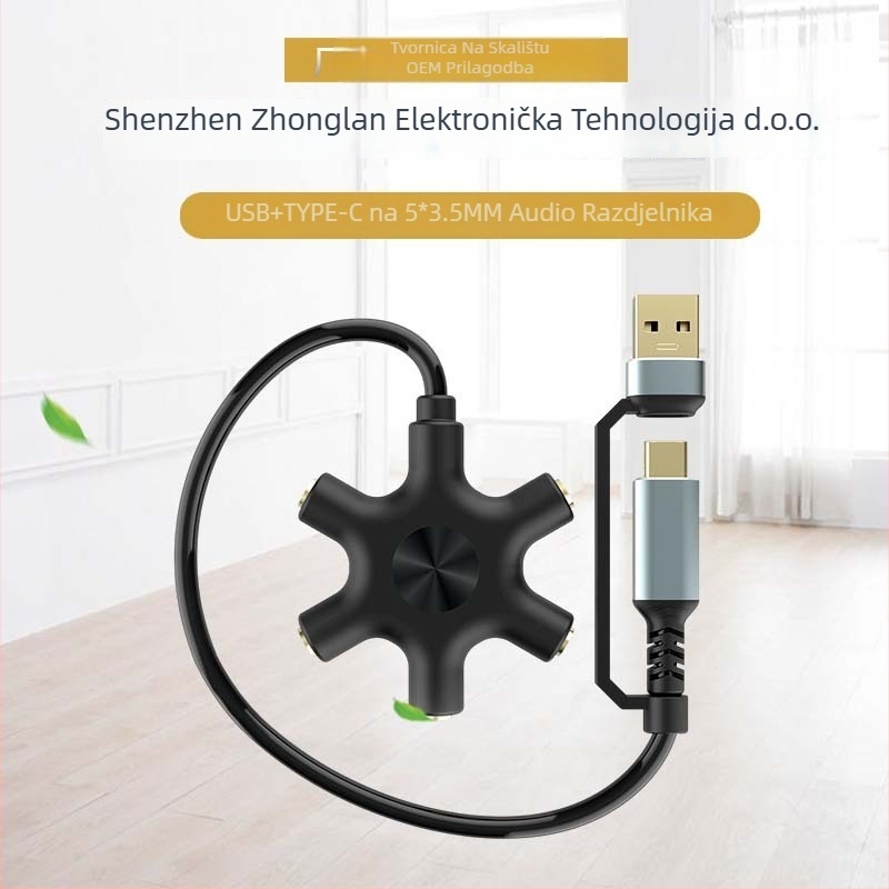 USB/Type-C na 5×3.5 mm audio splitter, pretvarač 1 na 5 zvuka, zlatno obloženo, bakreno jezgro, CCC certificiran