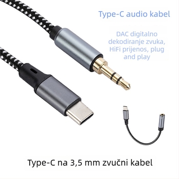 Type-C audio kabel na 3,5 mm za mobitele i tablete, zlatno premazan, pleteni bakar