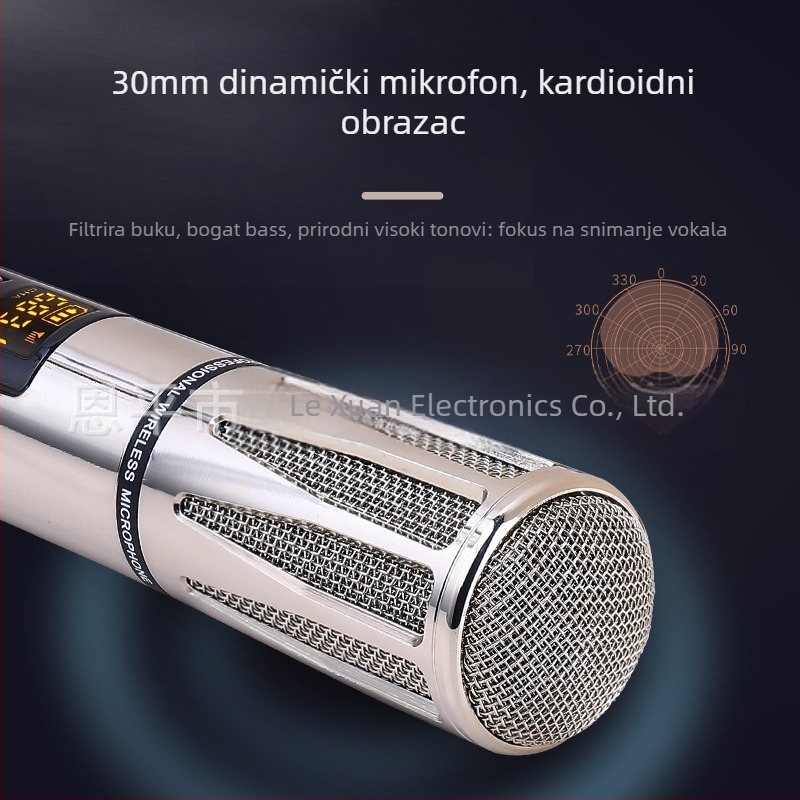 Kućni/KTV mikrofon s vanjskom zvučnom kartom — kardioidni, raspon frekvencija 100Hz-20kHz, SNR ≥70dB, vijek trajanja baterije 6-8 sati