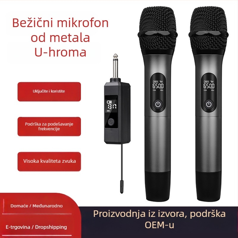 Meieark E104 Bežični mikrofon s potpuno metalnim U‑oblikom kućištem, sustav 1→2 za KTV i kućnu upotrebu; ugrađena baterija 1000–1200 mAh; trajanje 3–6 h