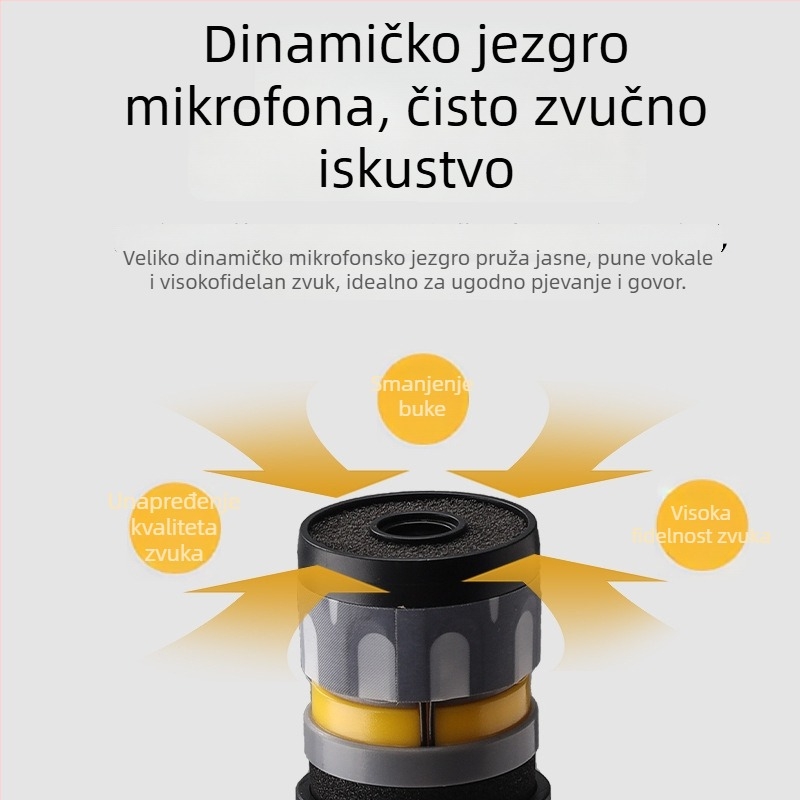 Meieark E104 Bežični mikrofon s potpuno metalnim U‑oblikom kućištem, sustav 1→2 za KTV i kućnu upotrebu; ugrađena baterija 1000–1200 mAh; trajanje 3–6 h