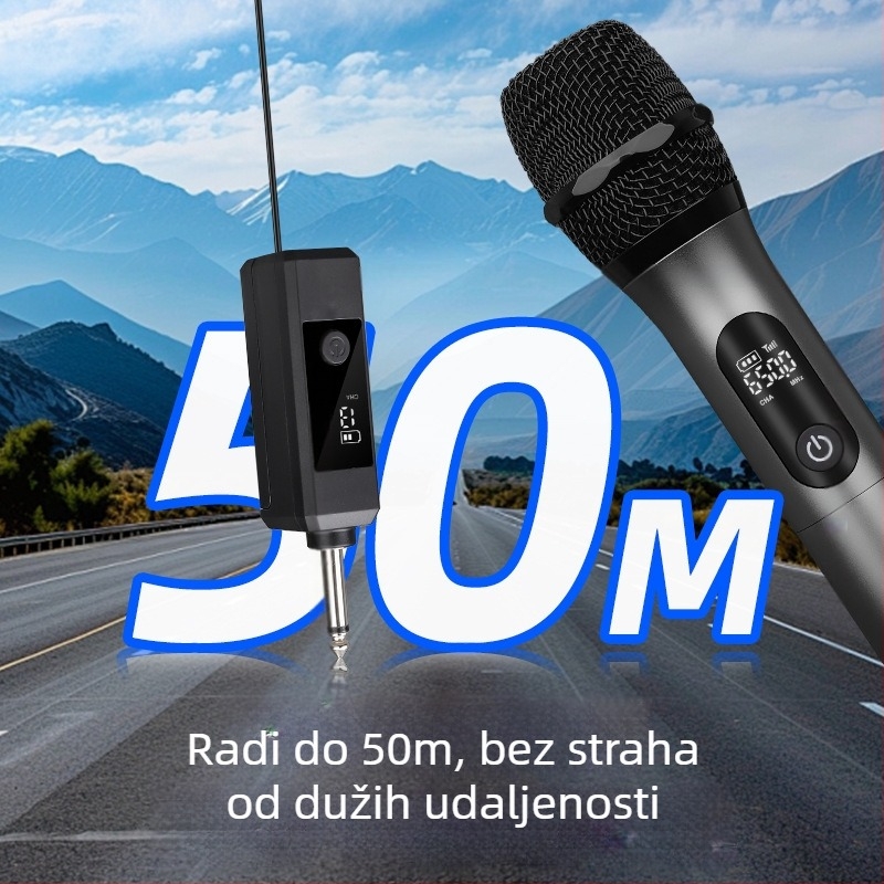 Meieark E104 Bežični mikrofon s potpuno metalnim U‑oblikom kućištem, sustav 1→2 za KTV i kućnu upotrebu; ugrađena baterija 1000–1200 mAh; trajanje 3–6 h