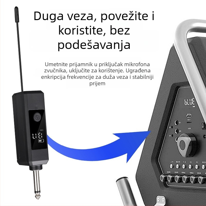 Meieark E104 Bežični mikrofon s potpuno metalnim U‑oblikom kućištem, sustav 1→2 za KTV i kućnu upotrebu; ugrađena baterija 1000–1200 mAh; trajanje 3–6 h