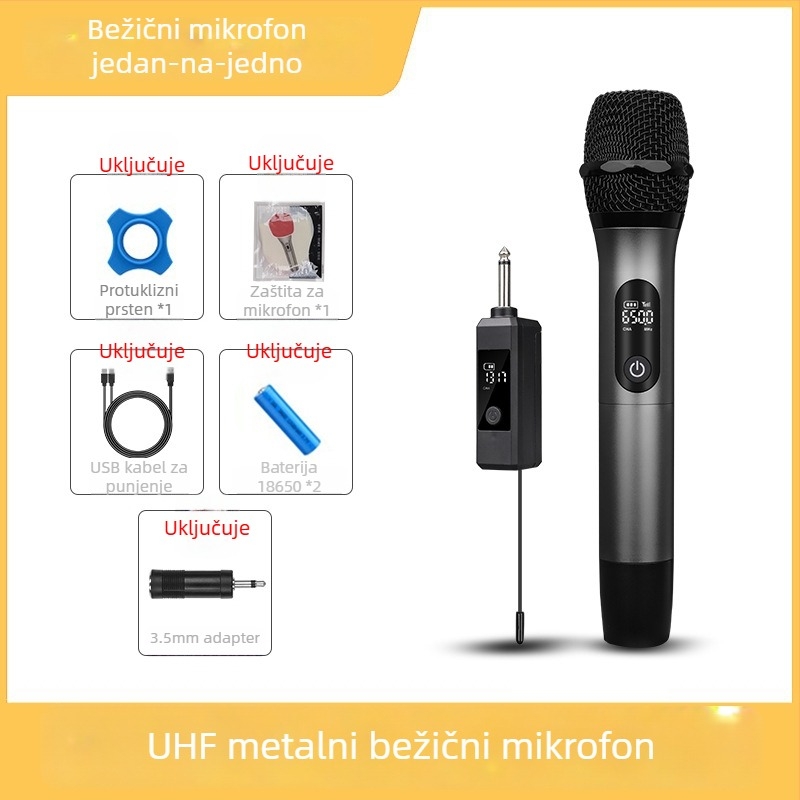 Meieark E104 Bežični mikrofon s potpuno metalnim U‑oblikom kućištem, sustav 1→2 za KTV i kućnu upotrebu; ugrađena baterija 1000–1200 mAh; trajanje 3–6 h