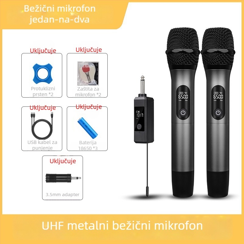 Meieark E104 Bežični mikrofon s potpuno metalnim U‑oblikom kućištem, sustav 1→2 za KTV i kućnu upotrebu; ugrađena baterija 1000–1200 mAh; trajanje 3–6 h
