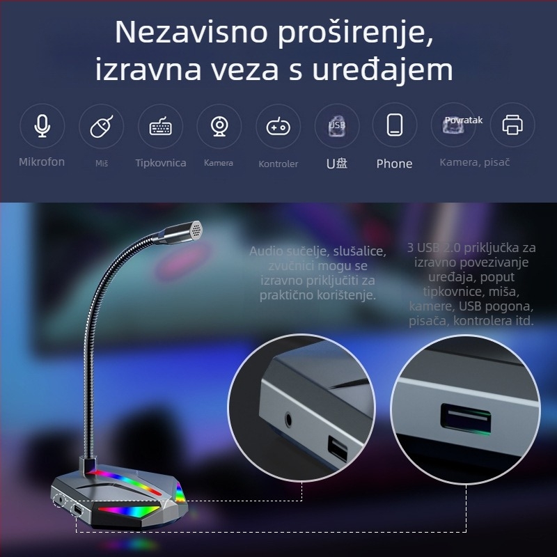 USB kondenzatorski stolni mikrofon za računalo i prijenosno računalo, kabelsko USB sučelje, pogodan za sastanke i snimanje, frekvencijski raspon 60 Hz–15 kHz, SNR ≥70 dB