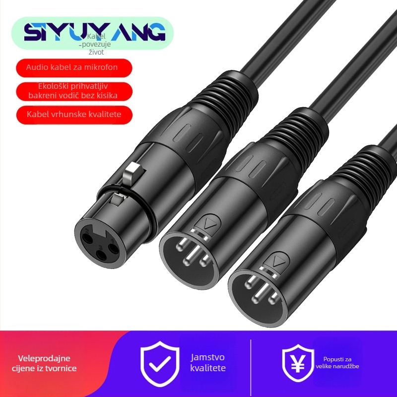 XLR audio kabel s Y splitterom: metalno kućište, muški na muški i dvostruki ženski XLR konektori, SIYUYANG, model Cannon one in two