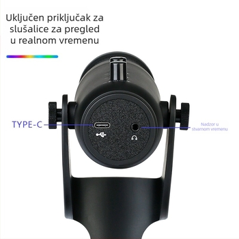 USB kondicijski mikrofon za prijenos uživo, pjevanje, igranje i sastanke — frekvencijski raspon 40 Hz–20 kHz; SNR ≥60 dB; napajanje 5 V; USB priključak