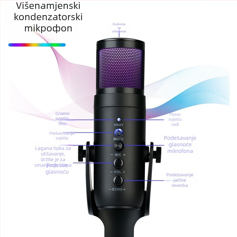 USB kondicijski mikrofon za prijenos uživo, pjevanje, igranje i sastanke — frekvencijski raspon 40 Hz–20 kHz; SNR ≥60 dB; napajanje 5 V; USB priključak