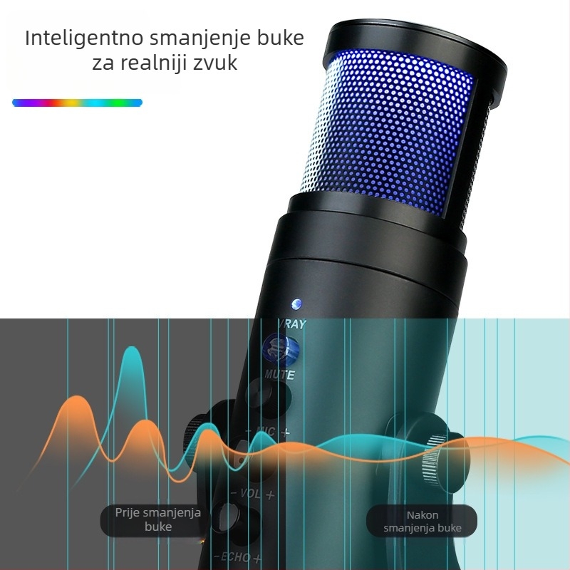 USB kondicijski mikrofon za prijenos uživo, pjevanje, igranje i sastanke — frekvencijski raspon 40 Hz–20 kHz; SNR ≥60 dB; napajanje 5 V; USB priključak