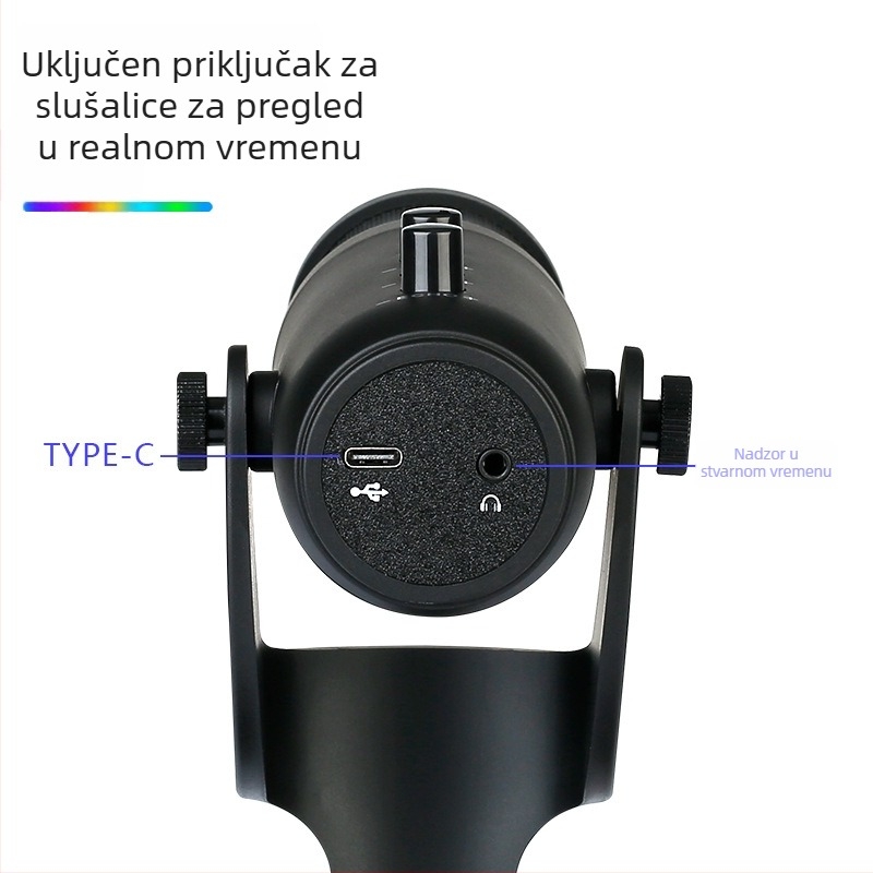 USB kondicijski mikrofon za prijenos uživo, pjevanje, igranje i sastanke — frekvencijski raspon 40 Hz–20 kHz; SNR ≥60 dB; napajanje 5 V; USB priključak