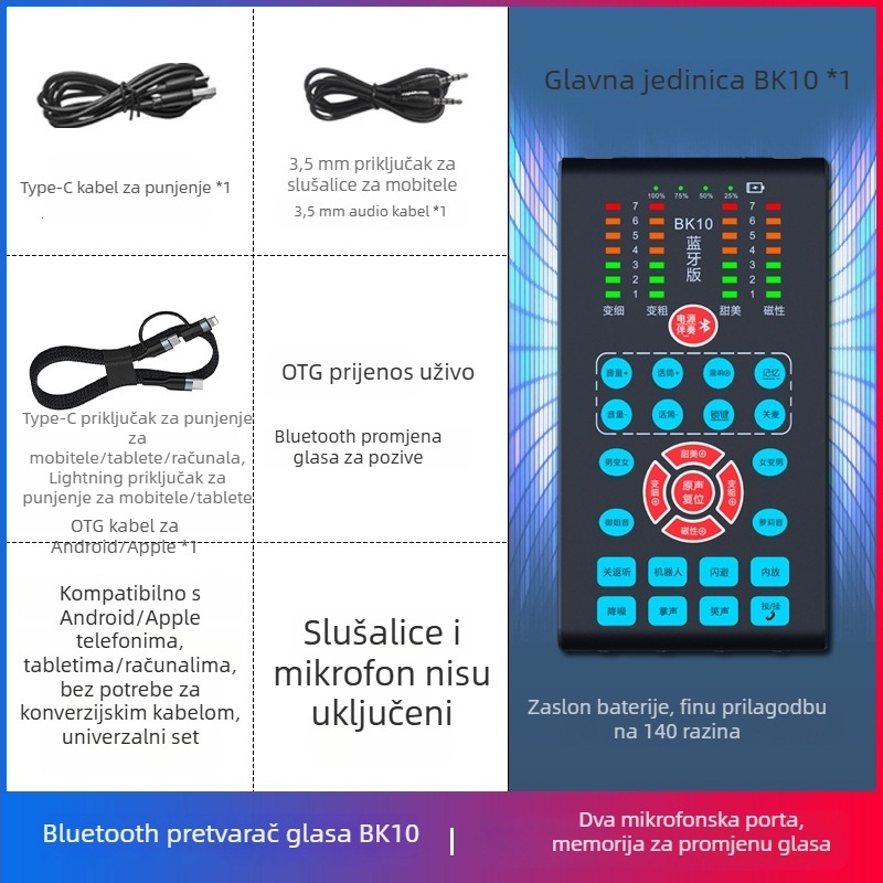 Bluetooth uređaj za promjenu glasa za mobilne telefone — real-time promjena glasa muškarac/žena, zvučna kartica za live streaming, BK10, Bluetooth 5.0, ugrađena baterija 1200-2000 mAh, raspon frekvencija 100 Hz–20 kHz, trajanje 8–12 h
