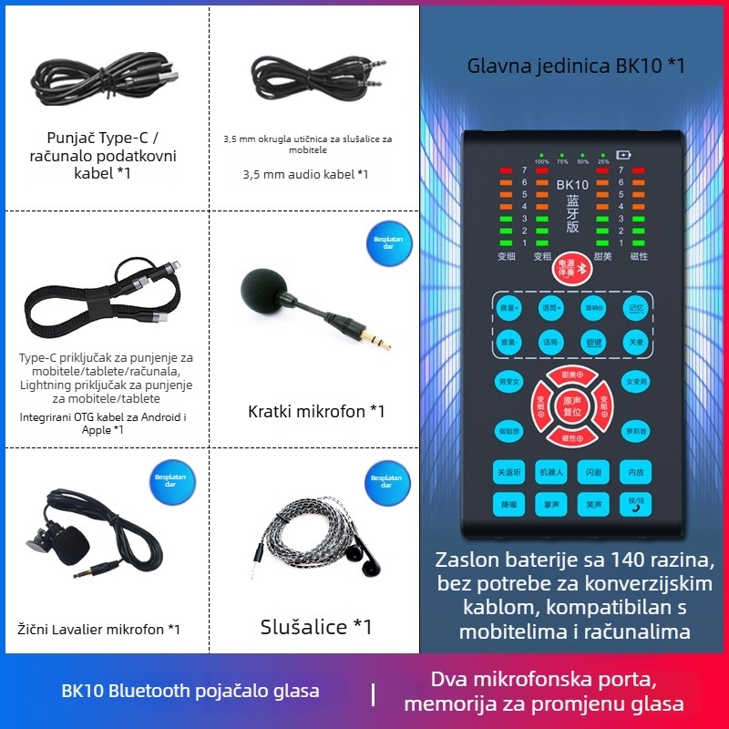 Bluetooth uređaj za promjenu glasa za mobilne telefone — real-time promjena glasa muškarac/žena, zvučna kartica za live streaming, BK10, Bluetooth 5.0, ugrađena baterija 1200-2000 mAh, raspon frekvencija 100 Hz–20 kHz, trajanje 8–12 h