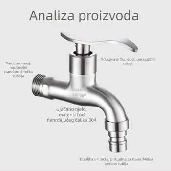 Kran za perilicu rublja, 304 nehrđajućeg čelika, ugrađen u zid, 20 mm ulaz/izlaz, otvaranje ključem, bakrena jezgra ventila