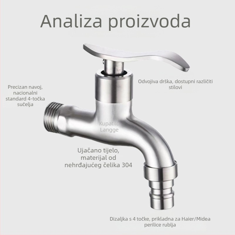Kran za perilicu rublja, 304 nehrđajućeg čelika, ugrađen u zid, 20 mm ulaz/izlaz, otvaranje ključem, bakrena jezgra ventila