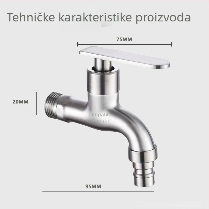 Kran za perilicu rublja, 304 nehrđajućeg čelika, ugrađen u zid, 20 mm ulaz/izlaz, otvaranje ključem, bakrena jezgra ventila