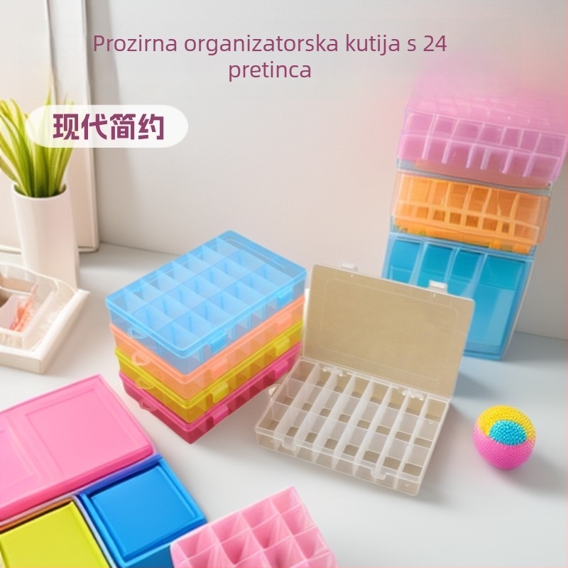 Stolna kutija za skladištenje s 24 pretinaca, odvojiva, prozirni PP, s poklopom, kapacitet 1 L