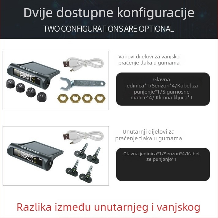 TPMS sustav za praćenje tlaka u gumama, solarno napajanje, bežično, univerzalna kompatibilnost, digitalni prikaz, raspon 0-6 bar