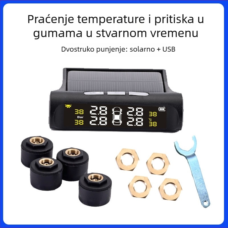 TPMS sustav za praćenje tlaka u gumama, solarno napajanje, bežično, univerzalna kompatibilnost, digitalni prikaz, raspon 0-6 bar