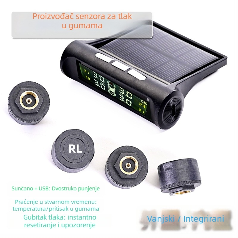 TPMS sustav za praćenje tlaka u gumama, solarno napajanje, bežično, univerzalna kompatibilnost, digitalni prikaz, raspon 0-6 bar