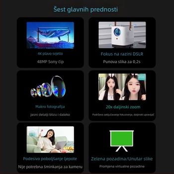 Web kamera za prijenos uživo, 4K Ultra HD, senzor 12 MP, dvostruka kamera, automatsko fokusiranje, ugrađeni mikrofon
