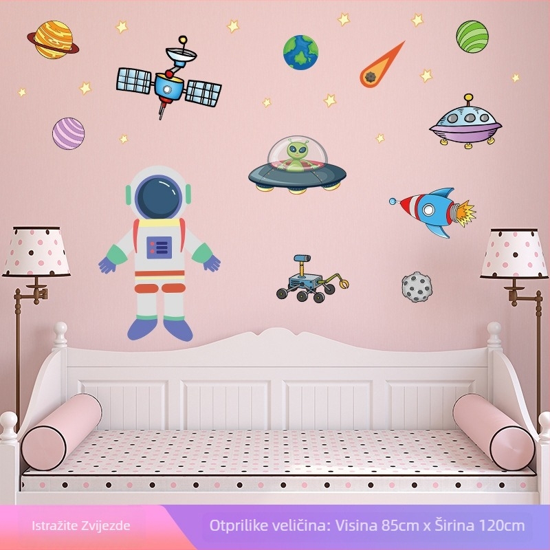 Zidna naljepnica: svemirski astronaut iz crtića, PVC, samoljepljiva, moderni minimalistički stil, uzorak likova, 1 komad