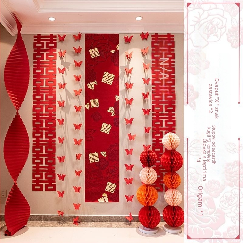 Svadbeni komplet za uređenje sobe s zidnim ukrasima, zavjesama i girlandama za bračnu spavaću sobu i dnevni boravak (Materijal: netkana tkanina; Pakiranje: Opp bag; Marka: Tiantianxifang; Kategorija: Drugi svadbeni dodaci; Prigoda: Vjenčanje)