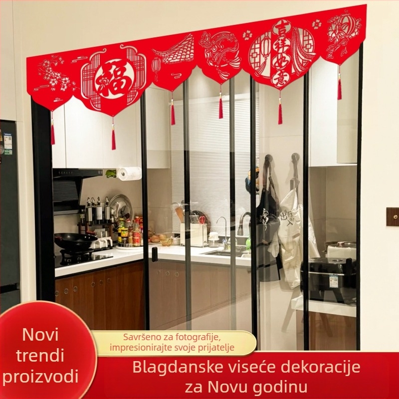 Vrata zavjesa za Proljetni festival – filc tkanina, trake, uzorak: zodijak/ crtanje/ tekst, rekvizit za uređenje prostora