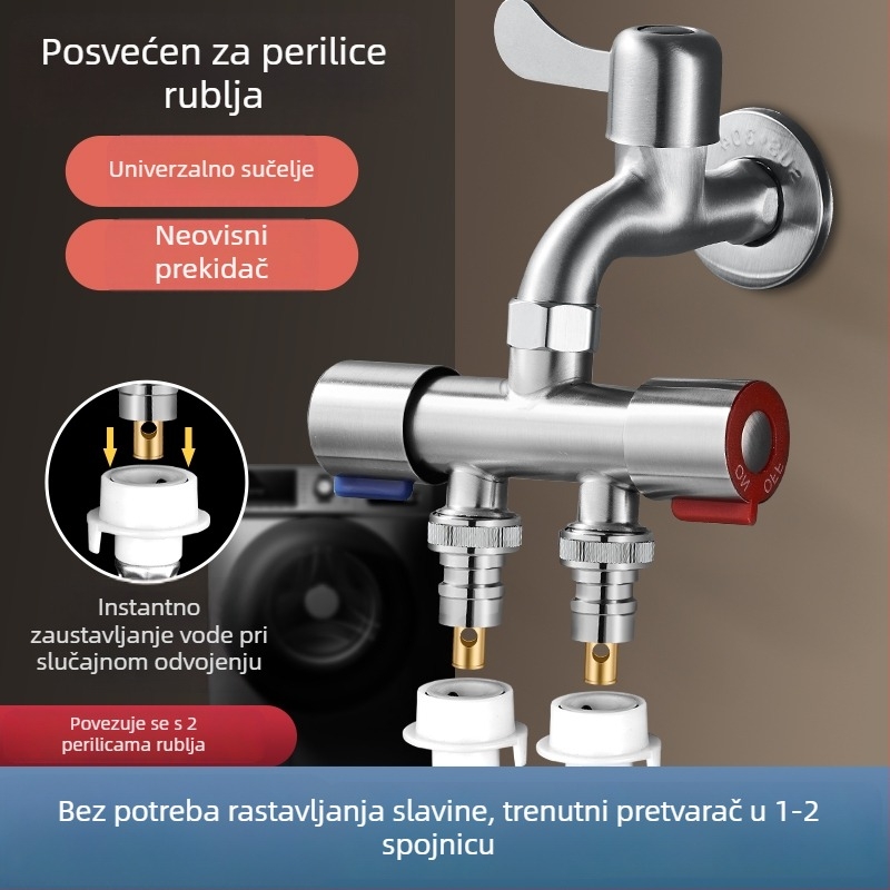Balkonska slavina za perilicu rublja s priključkom 1→2 i dvostrukim izlazom, troputni razdjelnik vode; nehrđajući čelik; keramijski jezgreni ventili; dizajn s jednim spojem; jednostavna ugradnja.