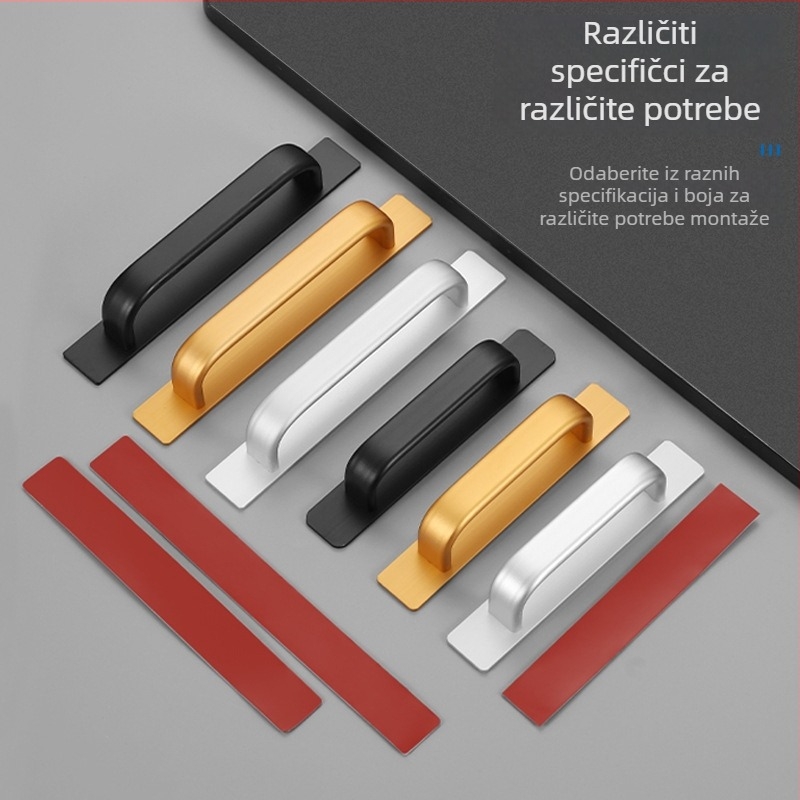 Aluminijska legura, površinski montirana ručka za vrata, pogodna za drvena vrata, prozore, staklena klizna vrata i ormariće, samoljepljiva, elektroplatirana površina, Model 003, moderni minimalistički stil