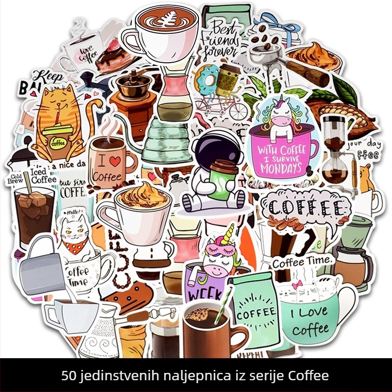 PVC samoljepljive naljepnice kav grafiti – set od 50 listova, prilagodljive, motivi šalice kave i zrna kave, za laptop, prtljagu, gitaru, skateboard, motocikl i auto.