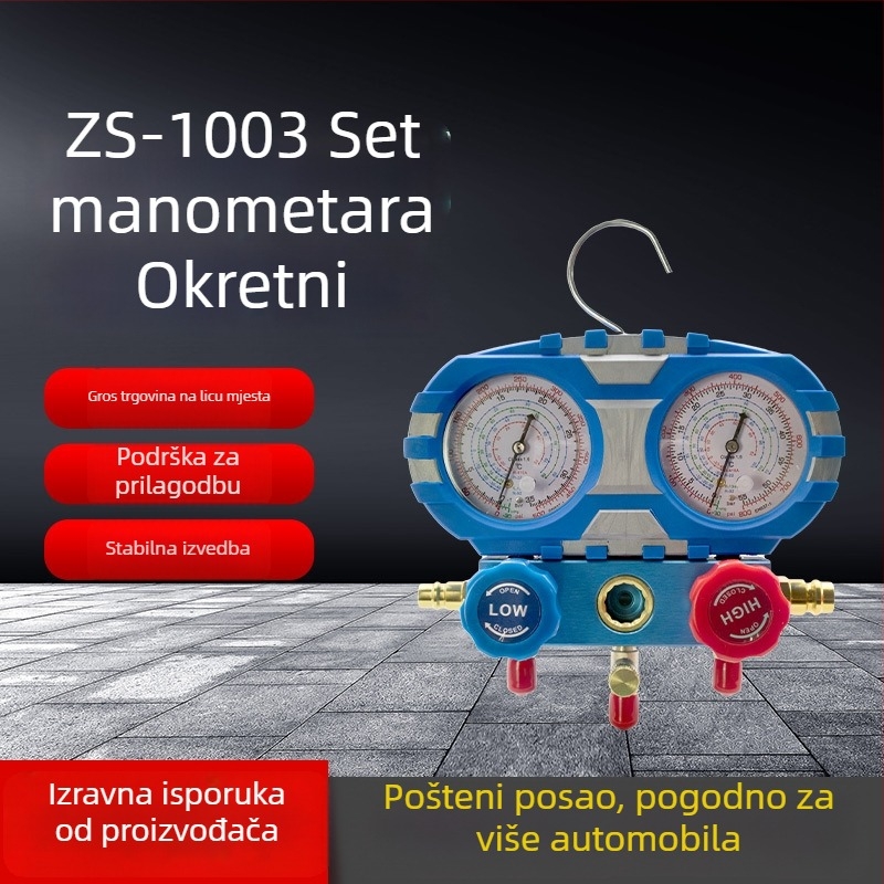 ZS-1003 Dijafragmatski tlakmjer za automobilsku klimu, set dvaju manometara, navojno spoj, nominalni promjer 70 mm, raspon mjerenja: visok 0-35, nizak 1-18.